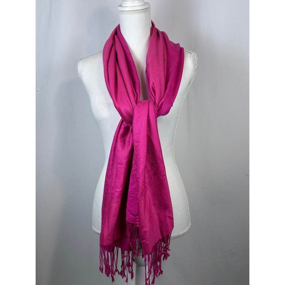 Pashmina Silk Blend Scarf Fuchsia Pink Paisley Jacquard Fringe Wrap Shawl‎